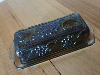 Vintage Carnival Glass Butter Dish,  Purple Iridescent,  Grapes And Leaves