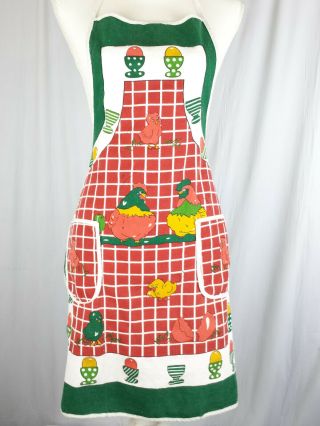 Full Apron Chicken Farmhouse Hen Chick Egg Cups Vintage Cotton Pockets Country