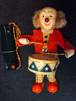 Vintage 1950s Battery Operated Drumming & Walking Clown,  Old Store Stock,