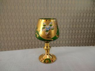 Vintage Murano Italian Floral Art Glass Green Small Wine Glass Gold Gilt