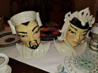 Vintage Ceramic Arts Studio Lotus & Manchu Head Vase Set