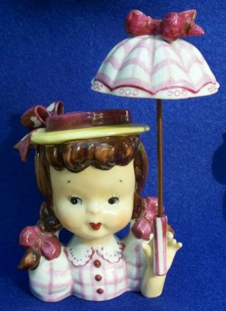 Vintage Mid Century Girl Head Vase With Umbrella Japan Napcoware