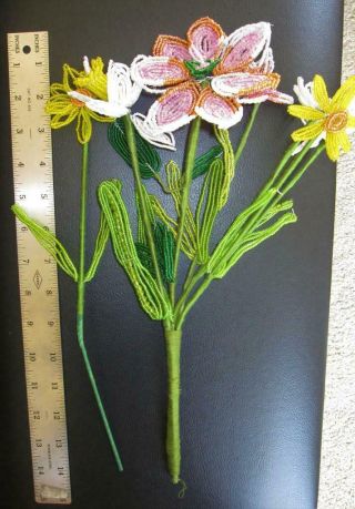 2 Stems Vintage French Glass Seed Beaded Flowers 14 " Stems