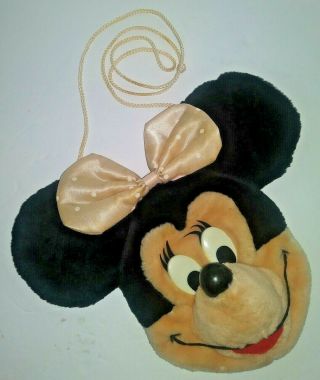 Vintage 90s Kids Minnie Mouse Coin Purse Pouch Plush Face Crossbody Disney Parks