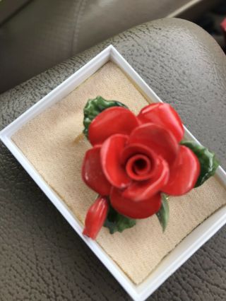Vintage Bone China Porcelain Ceramic Red Rose Flower Elegant Pin Brooch