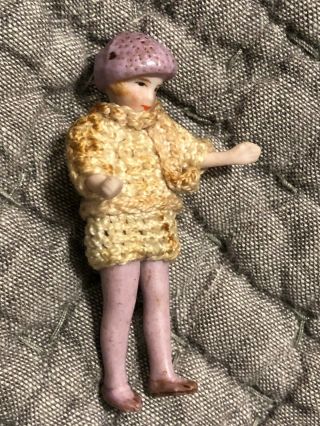 Tiny Jointed 2 " Flapper Antique Bisque Doll Germany Miniature Molded Lavndr Hat
