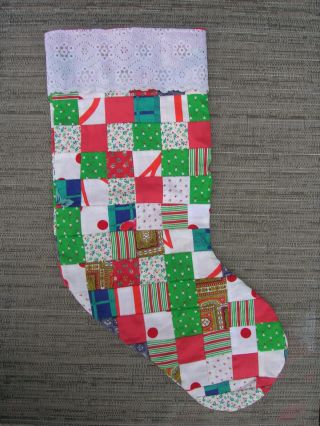 Vintage Homemade Primitive " Stamp " Quilted Christmas Stocking