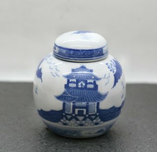 Lovely Vintage Chinese Hand Painted Blue & White Lidded Porcelain Ginger Jar Pot