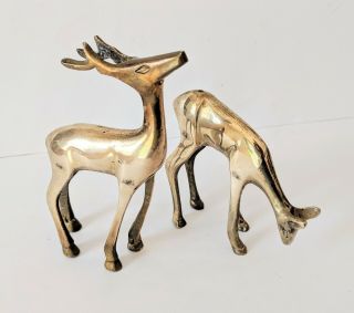Set Of 2 Vintage Mid Century Brass Deer Buck & Doe Figurines Patina