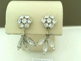 Rn.  Vintage Sherman Earrings Silver Plated Crystal Rhinestone Clip On Signed.