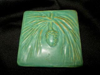 Vintage 1997 Pewabic Pottery Tile Pine Cone Verdigris Matte Green Glaze 5 1/4 "