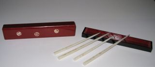 2 Vintage White Acrylic Chopsticks In A Cherry Wood Box Plus Bonus Pair