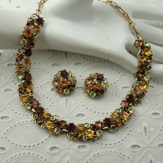 Vintage Lisner Golden Topaz Rhnestone 16 " Necklace & Clip Earring Gold Tone Set