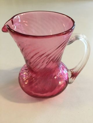 Vintage Hand Blown Cranberry Glass Small Creamer Pitcher Ribbed Glass Handle