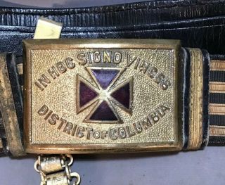 19thc Antique Masonic Old Knights Templar Leather Wash.  Dc Sword Rig Belt Buckle