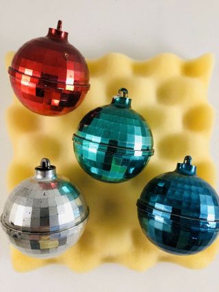 4 Vintage Plastic Disco Ball Christmas Ornaments 2 1/4 " Red Blue Silver Green