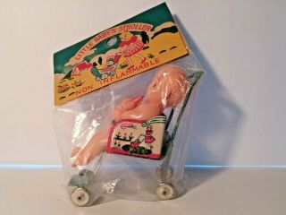 Vintage Dime Store Novelty Miniature Tin Baby Stroller/celluloid Doll -
