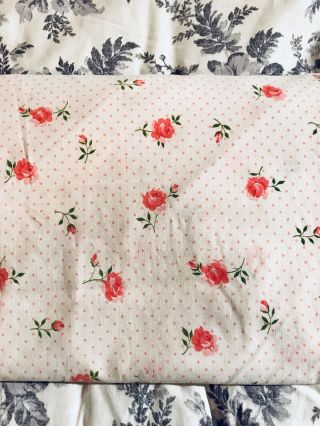 Vtg Cannon Full Size Fitted Bed Sheet Dotted Swiss Tiny Roses Shabby Pink Fabric