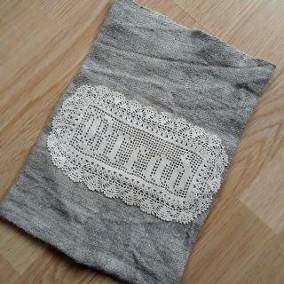 Bread Bag Vintage Gray Homespun Hemp Cloth Crochet Lace Food Storage Handmade
