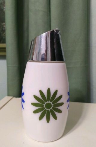 Vintage 70s Gemco milk glass Sugar Shaker Dispenser Flower Blue Green Daisy 2