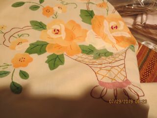 Vtg.  Tablecloth - Applique Flowers & Embroidery 100 " X 66 " - 12 Napkins - G53 - 23