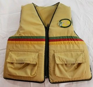 Vintage Bass Pro Shops Fishing Life Jacket Vest Youth Long Striped Tan Red Green