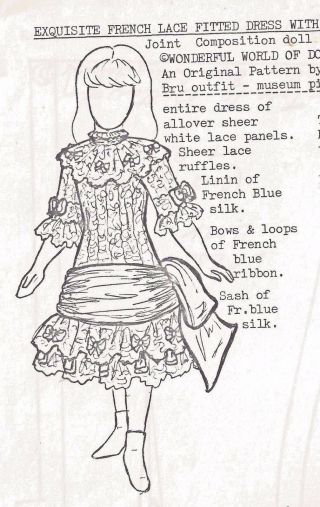 18 " Antique French Jumeau Doll@1880 Low Waist Bow Trim Dress/sash Pattern German