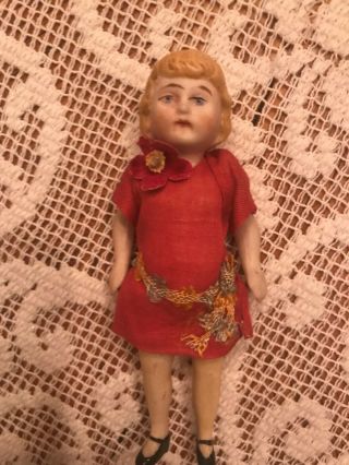 Antique German Bisque Jointed Miniature Dollhouse Girl All 3 1/2 Inch