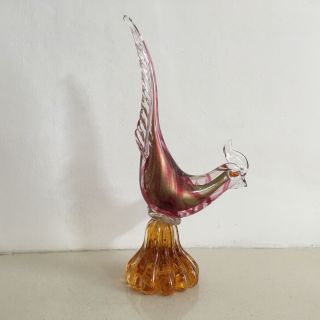 Vintage Murano Hand Blown Bird Sculpture In Clear,  Pink,  Gold And Amber Glass