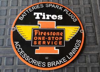 Vintage Firestone Porcelain Enamel Sign Tires Spark Plugs Batteries Brakes Parts