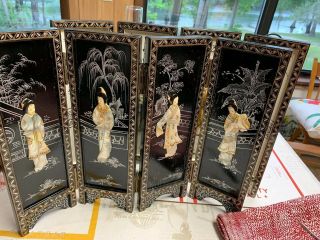 2 Vtg Asian Black Lacquer Folding 4 Panel Table Top Screens Signed Paintings