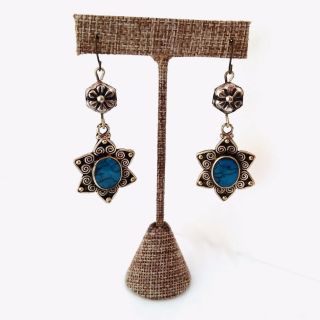 Ethnic Flower Hearts And Stone Earrings Vintage Style Kuchi Tribal Jewelry Blue
