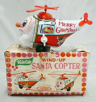 Vintage Tin Wind Up Santa Christmas Helicopter In Rough Box