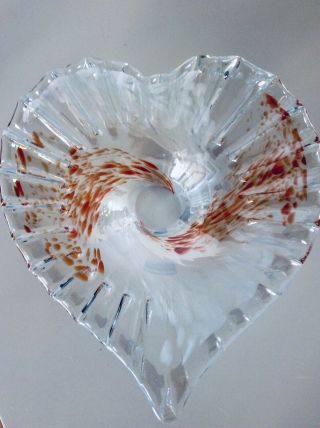 Vintage Murano Art Glass Heart Shape Bowl Centrepiece Clear White Orange Swirl 2