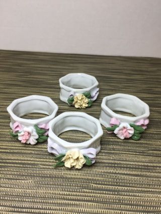 Porcelain Napkin Rings With Applied Flowers And Bows Four Vintage