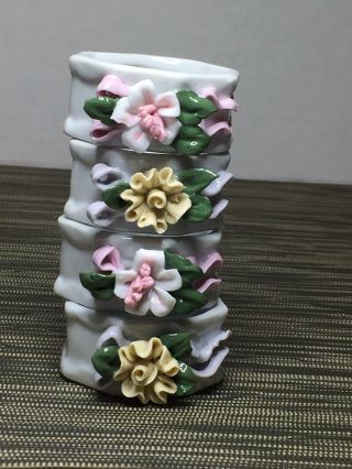 Porcelain Napkin Rings with Applied Flowers and Bows Four Vintage 2