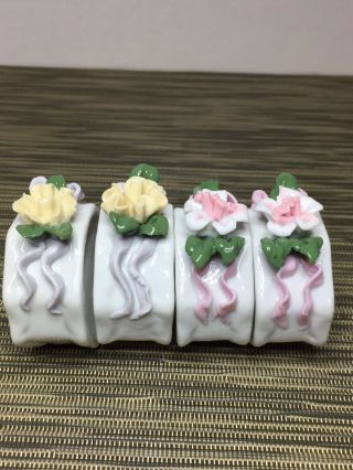 Porcelain Napkin Rings with Applied Flowers and Bows Four Vintage 3