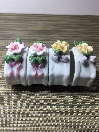 Porcelain Napkin Rings with Applied Flowers and Bows Four Vintage 4