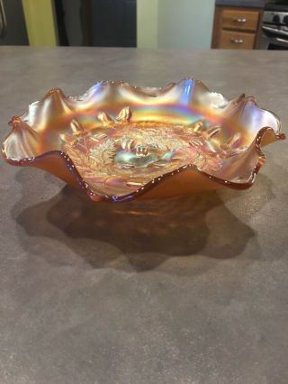Vtg Fenton Acorn & Leaves Marigold Carnival Glass Footed Ruffled Bowl