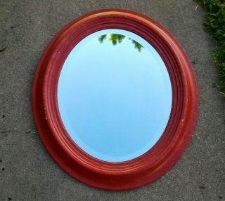 Vintage Old Wood Framed Beveled Oval Mirror 26 1/2 " X 22 1/2 "