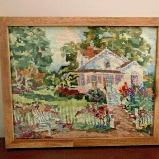 Vintage Cottage Flower Garden Framed Needlepoint Crewel Picture Artwork