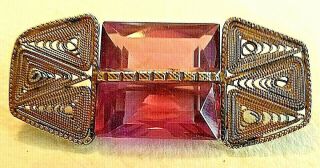 Vintage Art Deco Brooch Brass Filigree With Large Square Cut Amethyst Glass
