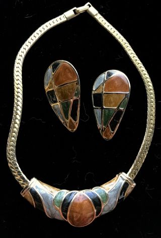 Vintage Set Of Necklace & Pierced Earrings Multi Color Enamel Gold Tone