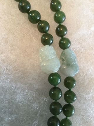 VINTAGE GREEN CHINESE JADE BEADED NECKLACE WITH CARVED JADE AND SYMBOLS 3