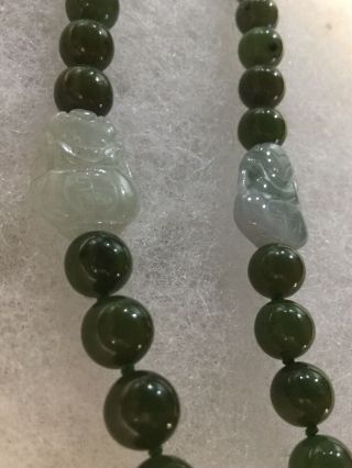VINTAGE GREEN CHINESE JADE BEADED NECKLACE WITH CARVED JADE AND SYMBOLS 4