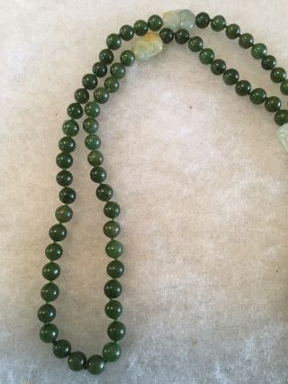 VINTAGE GREEN CHINESE JADE BEADED NECKLACE WITH CARVED JADE AND SYMBOLS 6