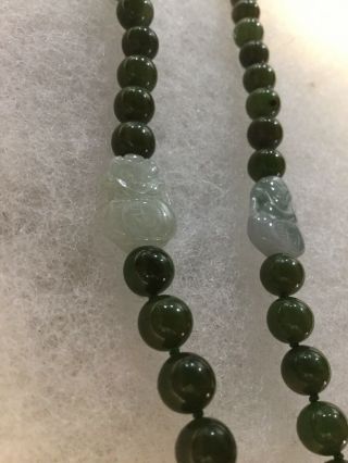 VINTAGE GREEN CHINESE JADE BEADED NECKLACE WITH CARVED JADE AND SYMBOLS 8