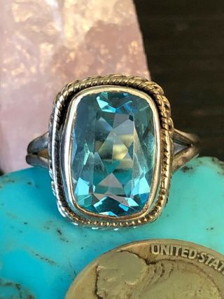 Vintage Square 5ct Flawless Blue Topaz Sterling Silver Ring 6g Sz 7