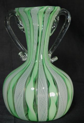 Vintage Miniature Murano Italian Art Glass Cabinet Vase Latticino Green