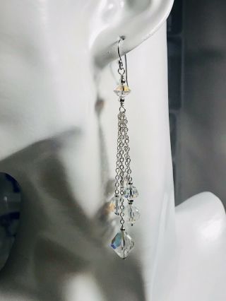 Long Elegant Sterling Silver Earrings With Vintage 1950’s Ab Glass Beads 935